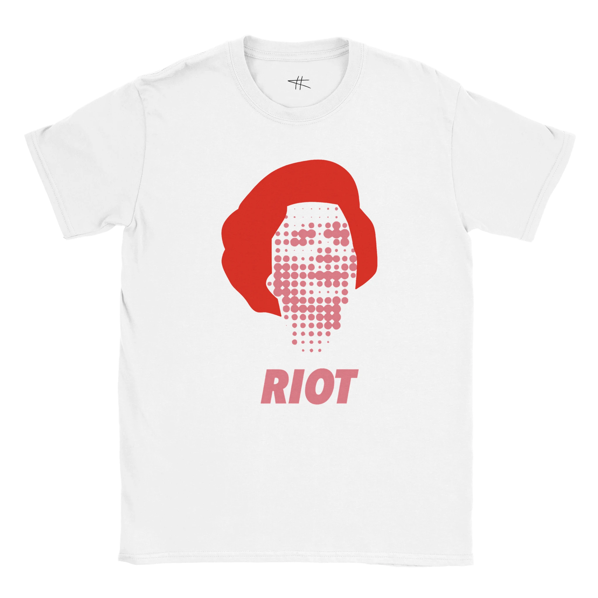 T shirt with image of Margaret Thatcher and the word RIOT