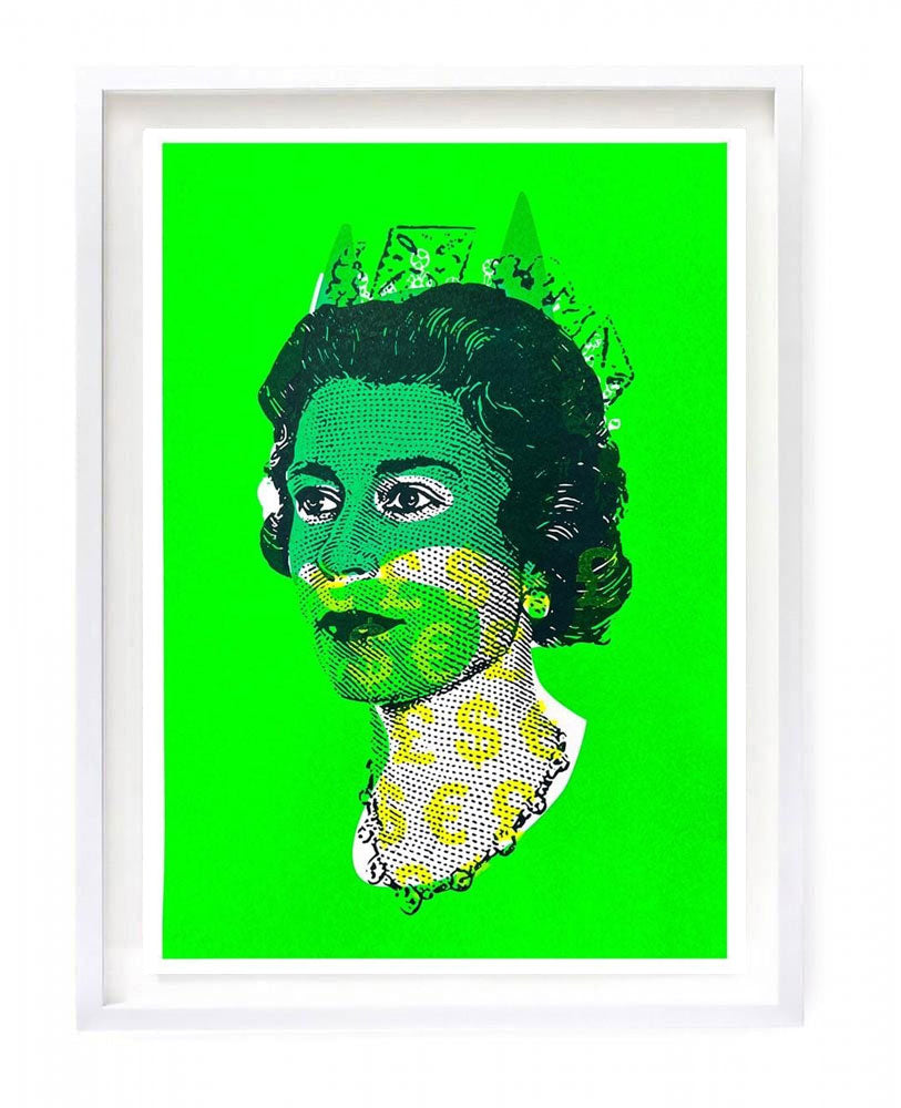 Queen Elizabeth II with green batman mask and yellow currency signs - Green and Neon Yellow