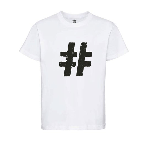 #Happy Propaganda white t-shirt with black hashtag