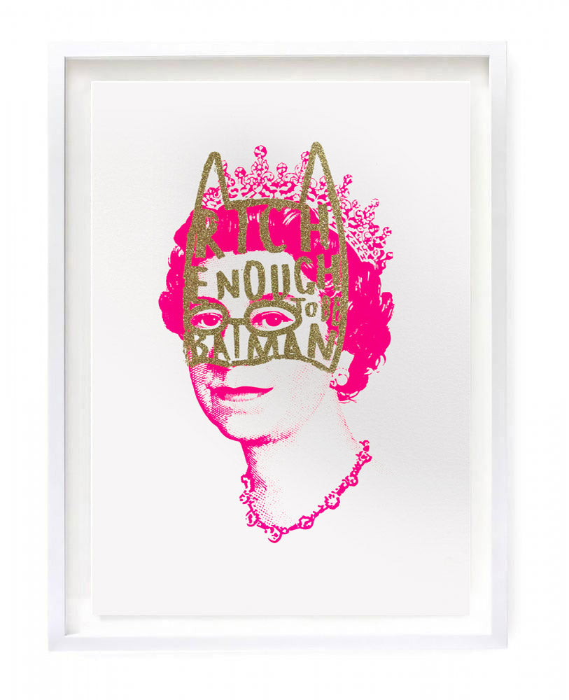 Artwork featuring a pink Queen Elizabeth II headshot , wearing gold glitter drawn batman mask