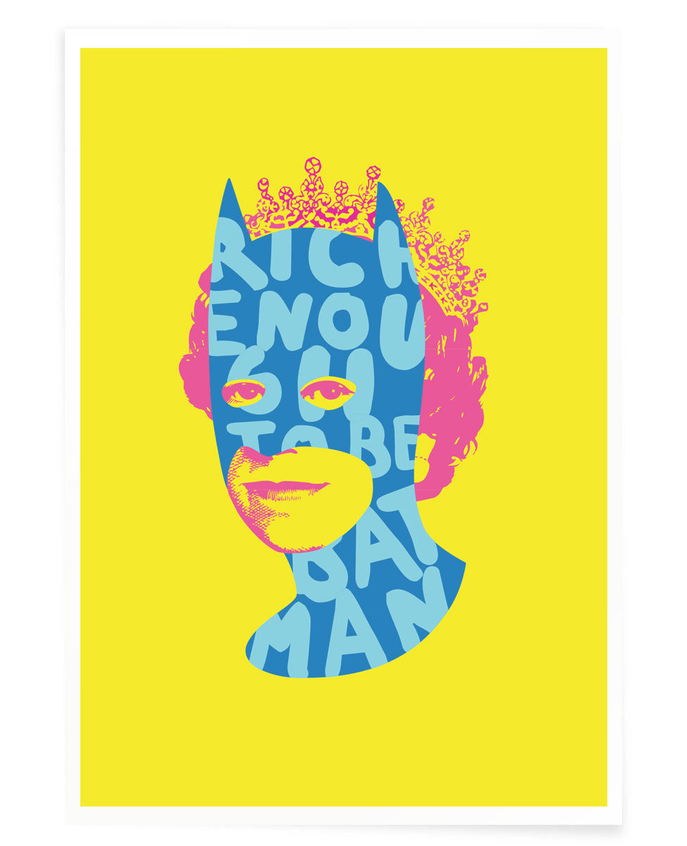 Queen Elizabeth face with superimposed blue batman maks and the words 'Rich Enough to be Batman'