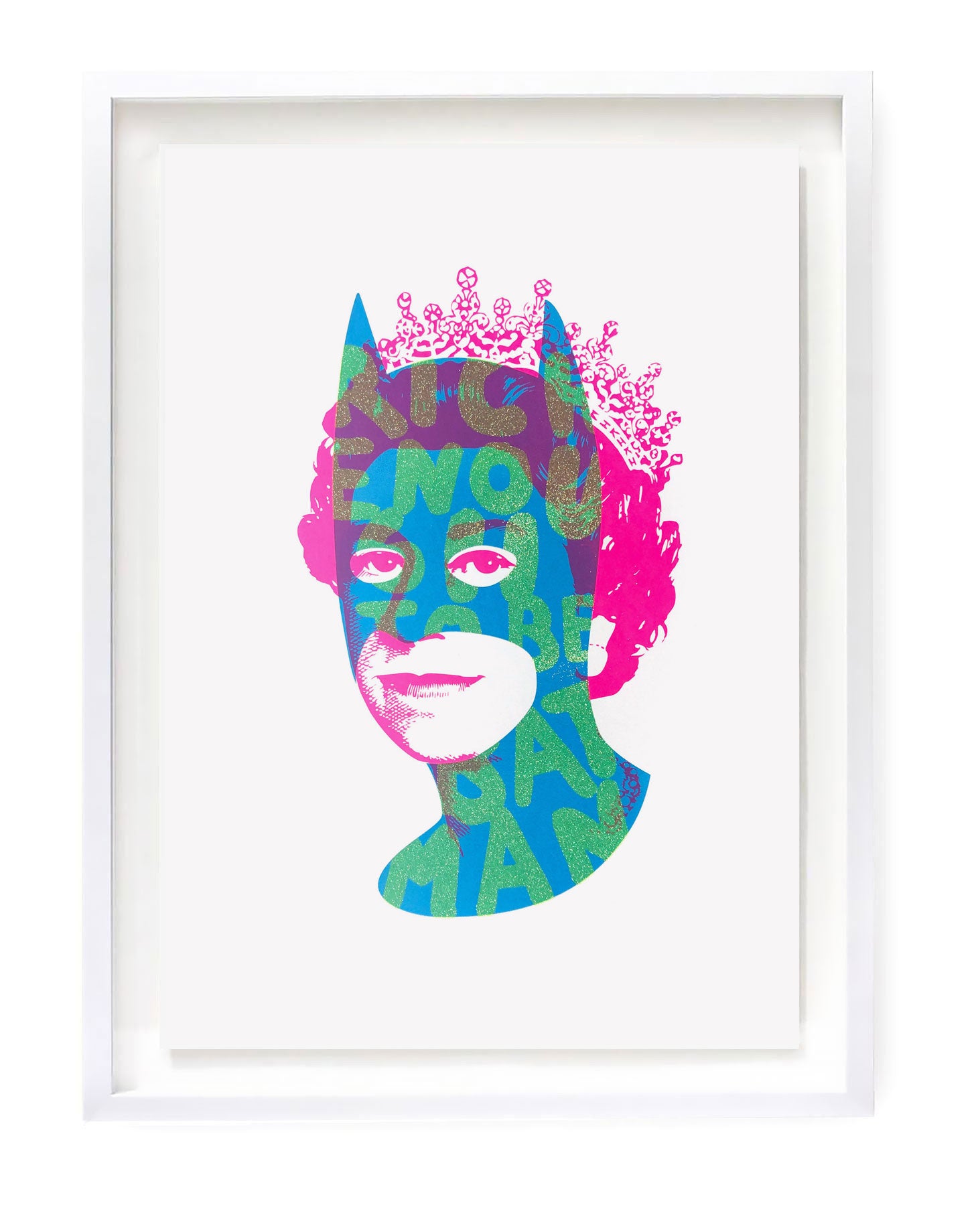 Pink Queen Elizabeth headshot with blue batman mask and green wording saying 'Rich Enough To Be Batman