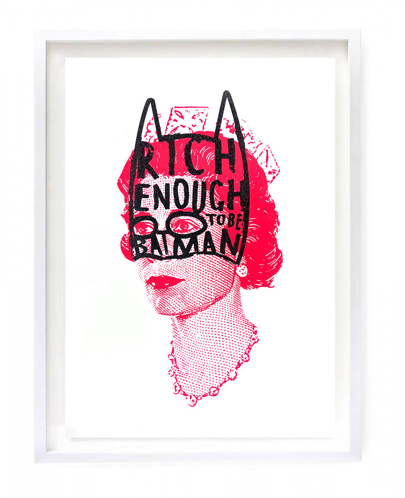 Rich Enough to be Batman - Elizabeth red with glitter hand drawn mask - A1 by artist Heath Kane