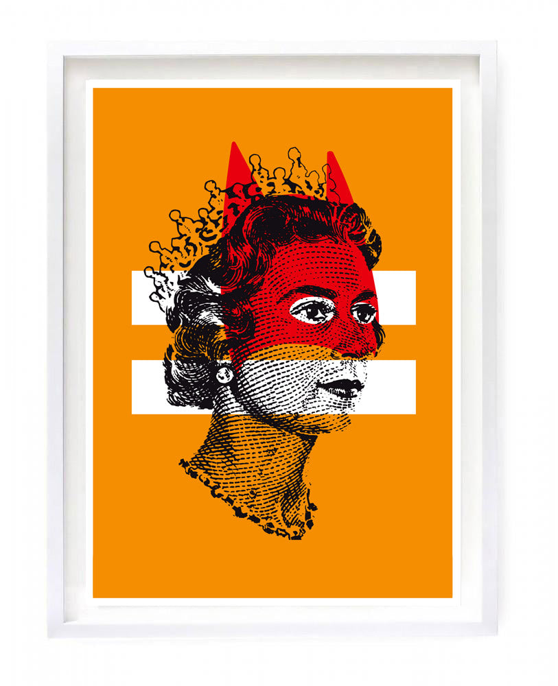 Art print of Queen Elizabeth II wearing a red Batman mask on an orange background