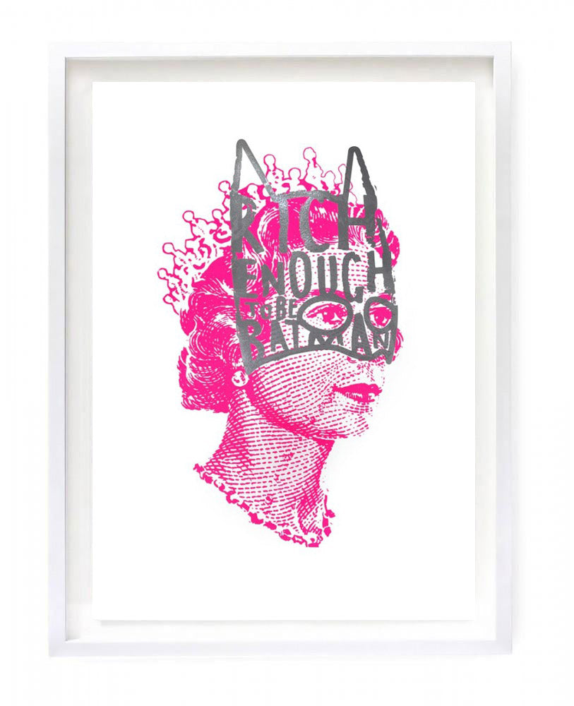 A1 art print featuring a pink Queen Elizabeth II headshot , wearing gold glitter drawn batman mask