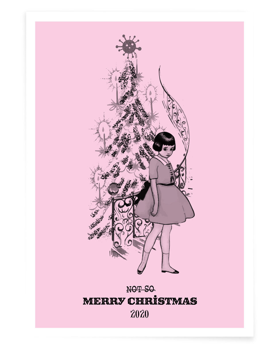 Alternative Christmas card 2020 featuring 'retro' self isolating girl in from of Christmas Tree