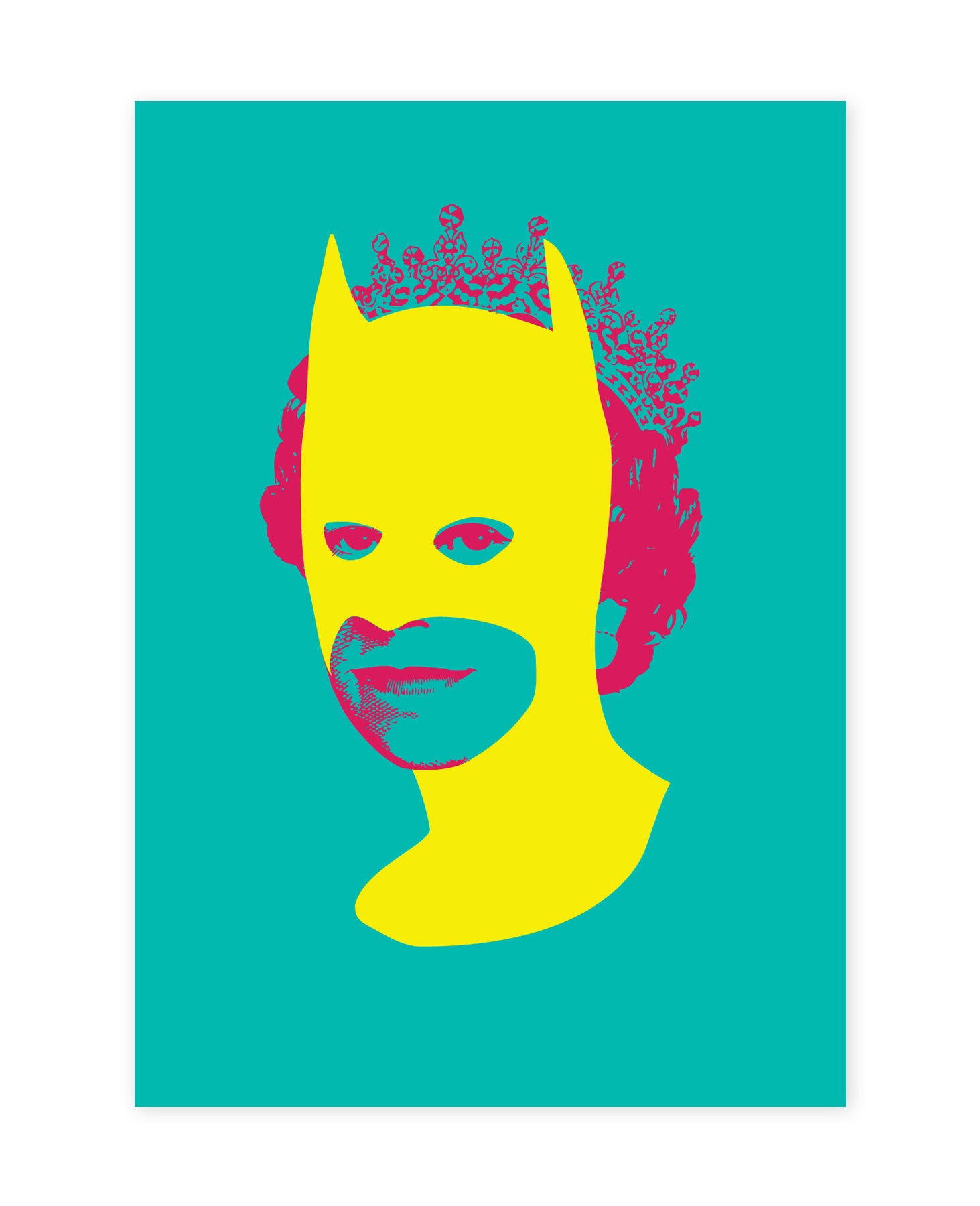 Artwork featuring Queen Elizabeth II wearing a yellow Batman mask on a green background