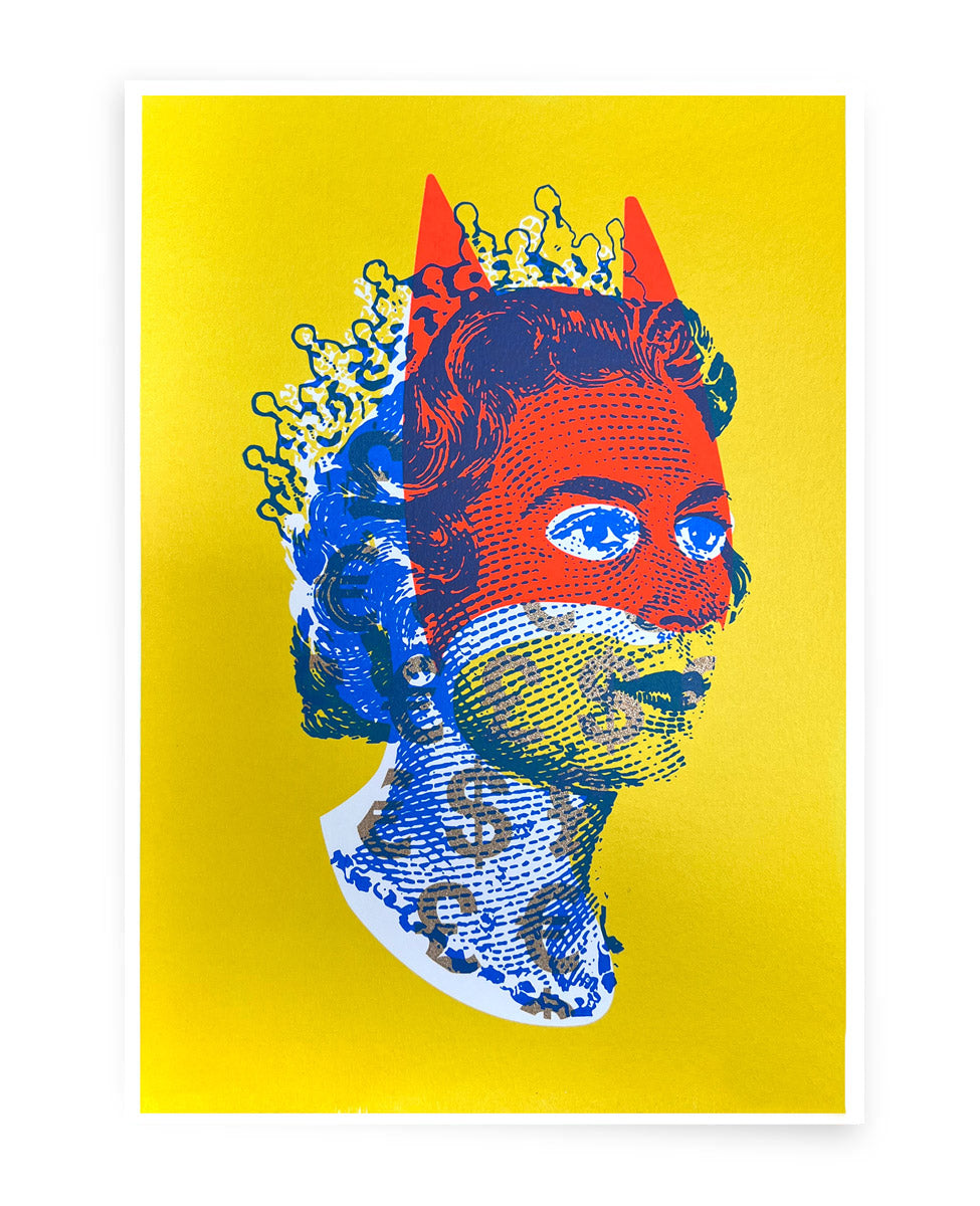 Rich Enough to be Batman - Lizzie Yellow Orange and Blue Currency - A4 by Heath Kane