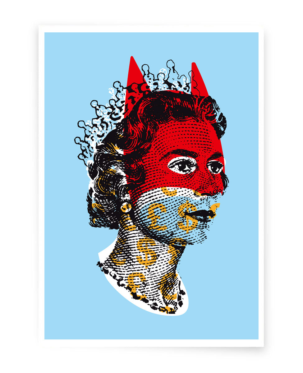 Lithographic print featuring the side profile of Queen Elizabeth II with a superimposed red batman mask and dollar and pound sign marks on her face