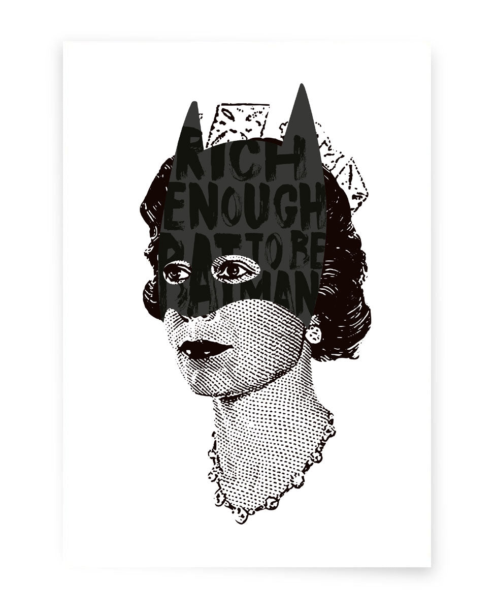 Queen Elizabeth II on white background wearing a black batman mask