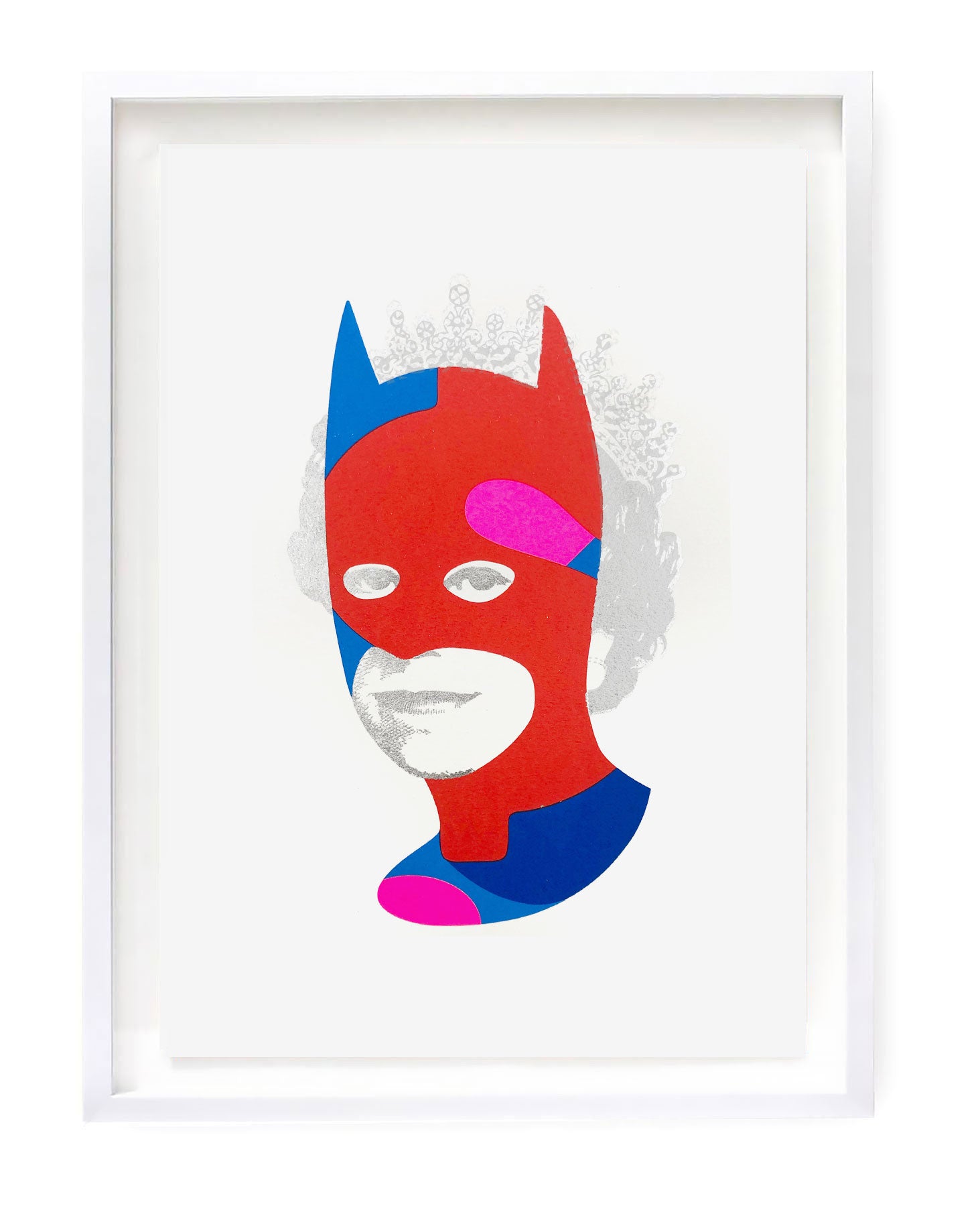 Pop art print of Queen Elizabeth II wearing a red , blue and pink Batman mask