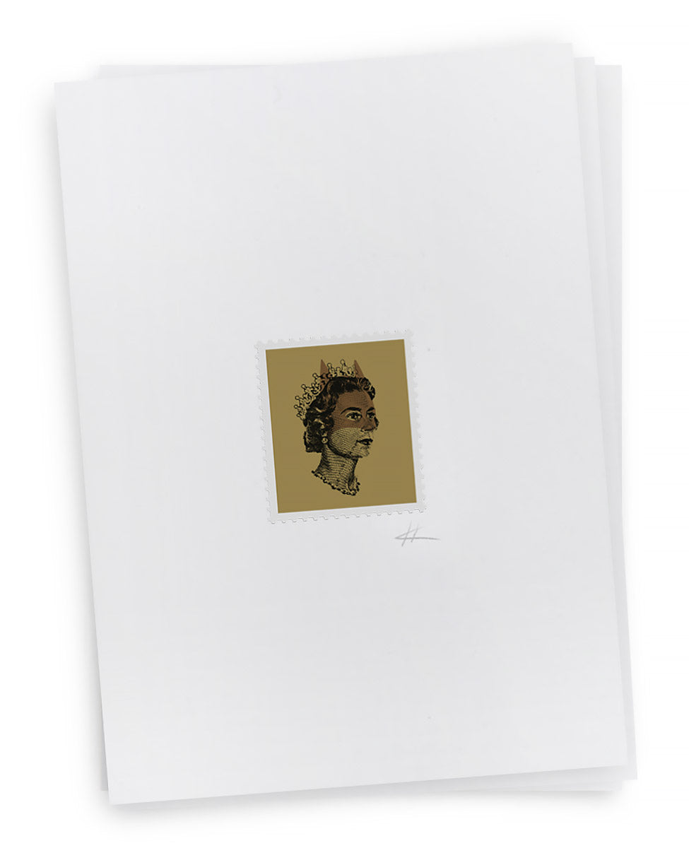 Lithographical printed postage stamp with Rich Queen Elizabeth II wearing a batman mask on high quality recycled 225gsm uncoated paper
