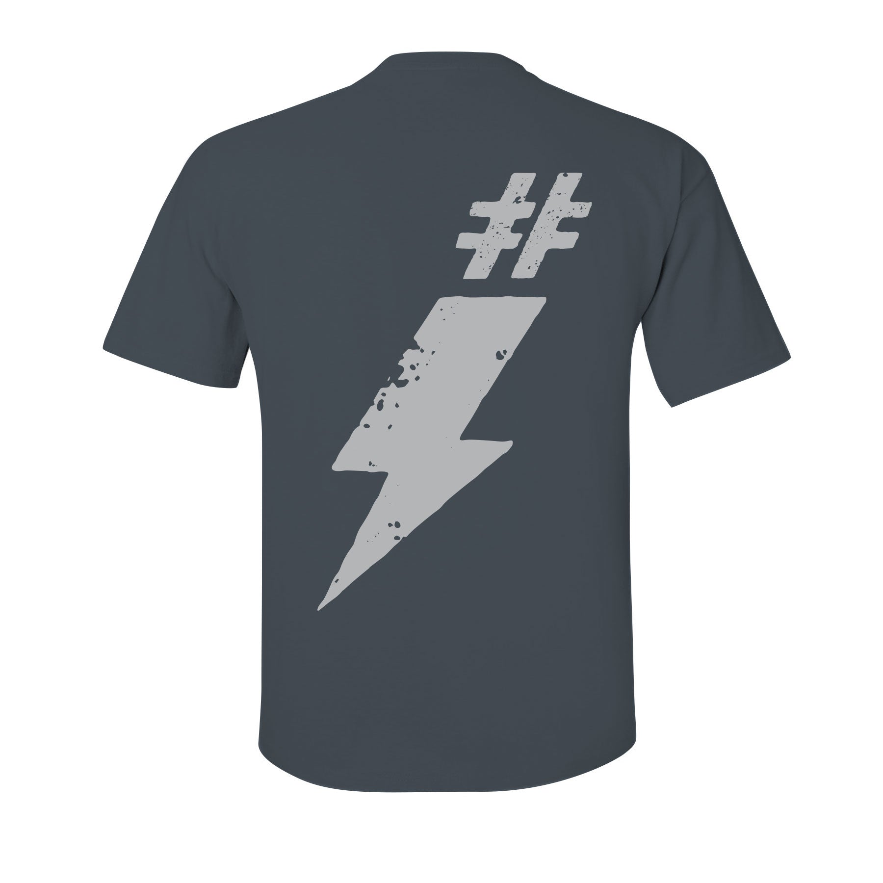 Happy Propaganda graphite grey t-shirt with white hashtag and bolt