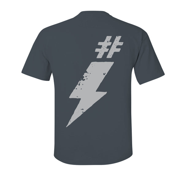 #Happy Propaganda graphite grey t-shirt with white hashtag and bolt
