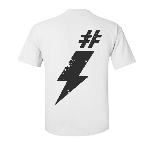 #Happy Propaganda white t-shirt with black hashtag and bolt