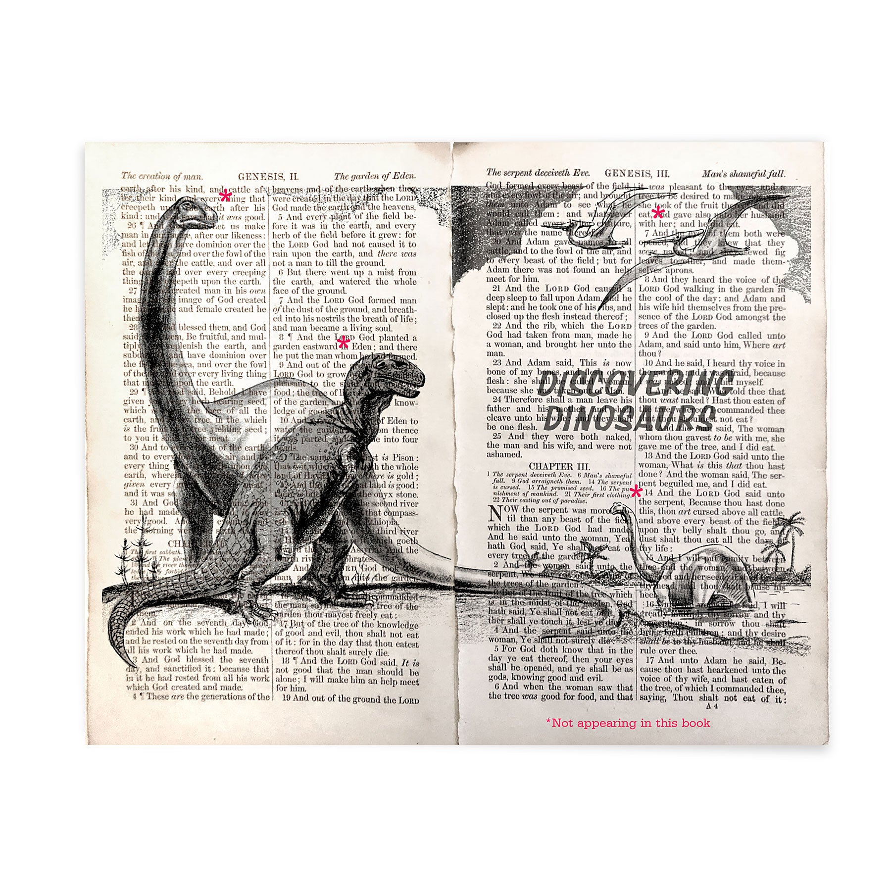 Dinosaurs screen printed over pages from the Bible