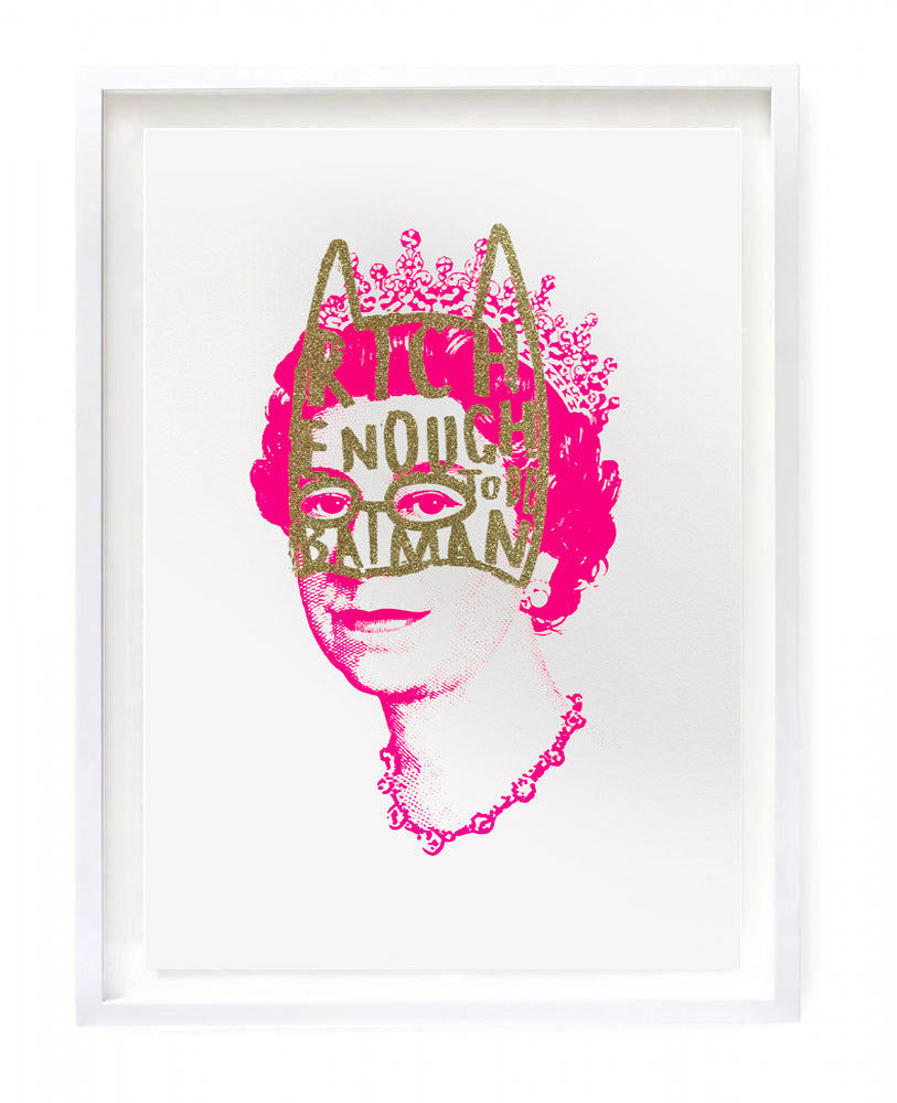 Artwork featuring a pink Queen Elizabeth II headshot , wearing gold glitter drawn batman mask 