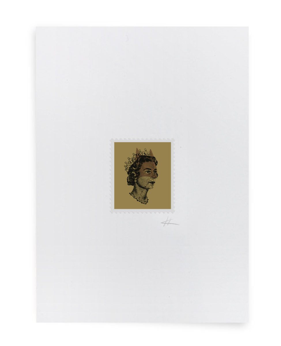 Lithographical printed postage stamp with Rich Queen Elizabeth II wearing a batman mask on high quality recycled 225gsm uncoated paper