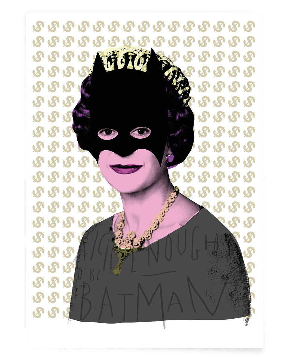 Art work by Heath Kane featuring Queen Elizabeth II with black batman mask and background dollar signs