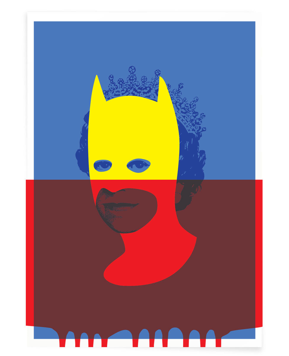 Lithographic print of a blue Queen Elizabeth head with yellow superimposed batman mask and a red drippy layer of paint 