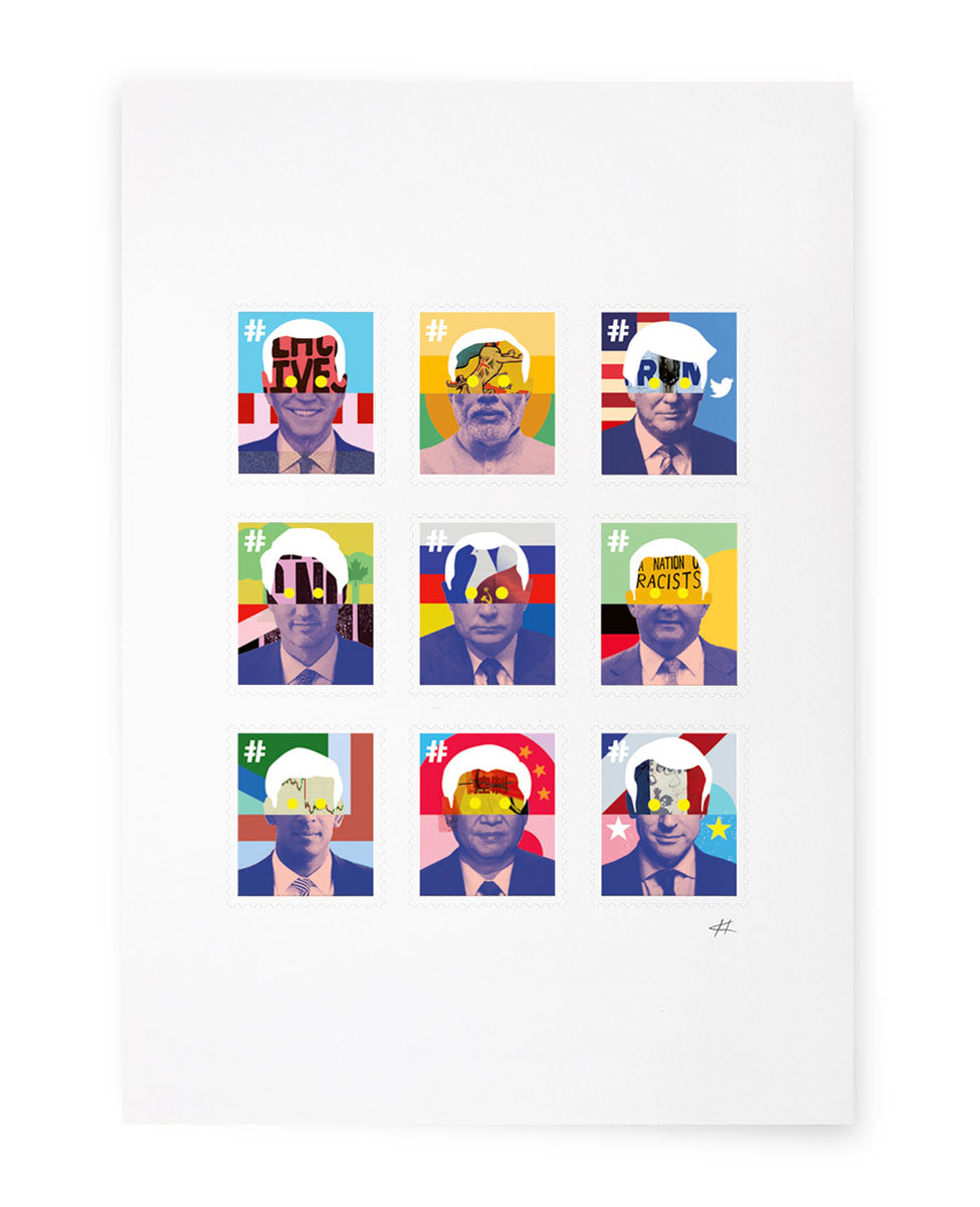 Happy Propaganda Stamp set featuring 9 world leaders