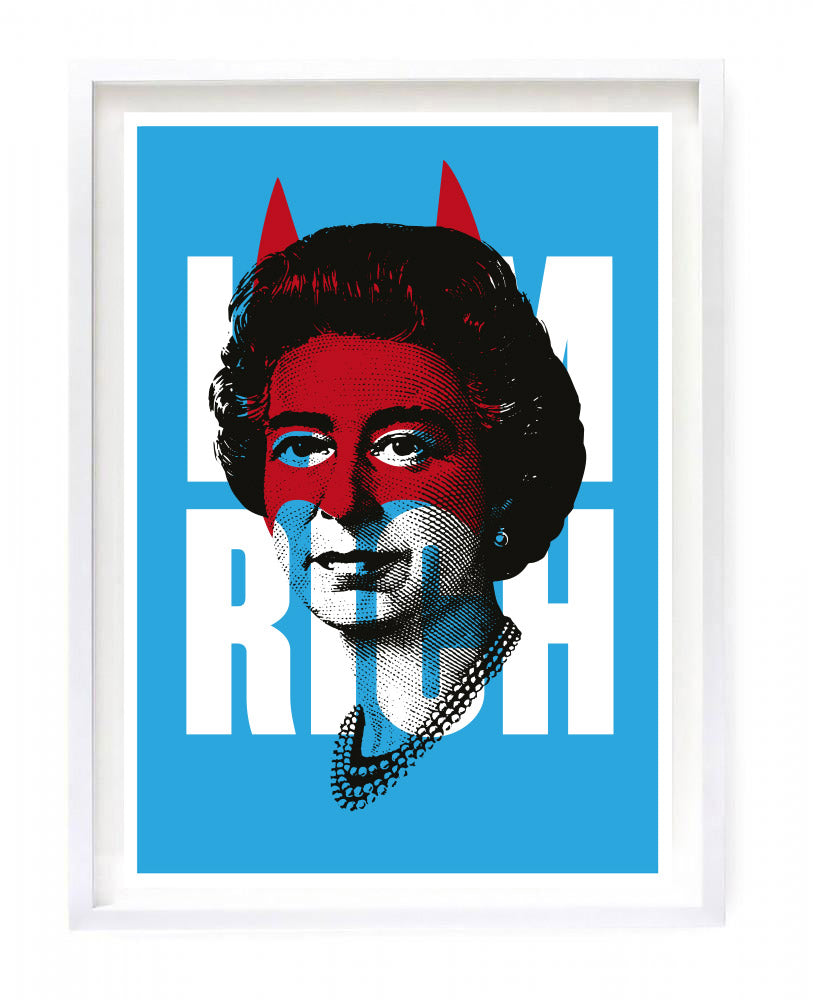 A4 print of Queen Elizabeth II wearing a red Batman mask with the words HRH I am Rich in the background