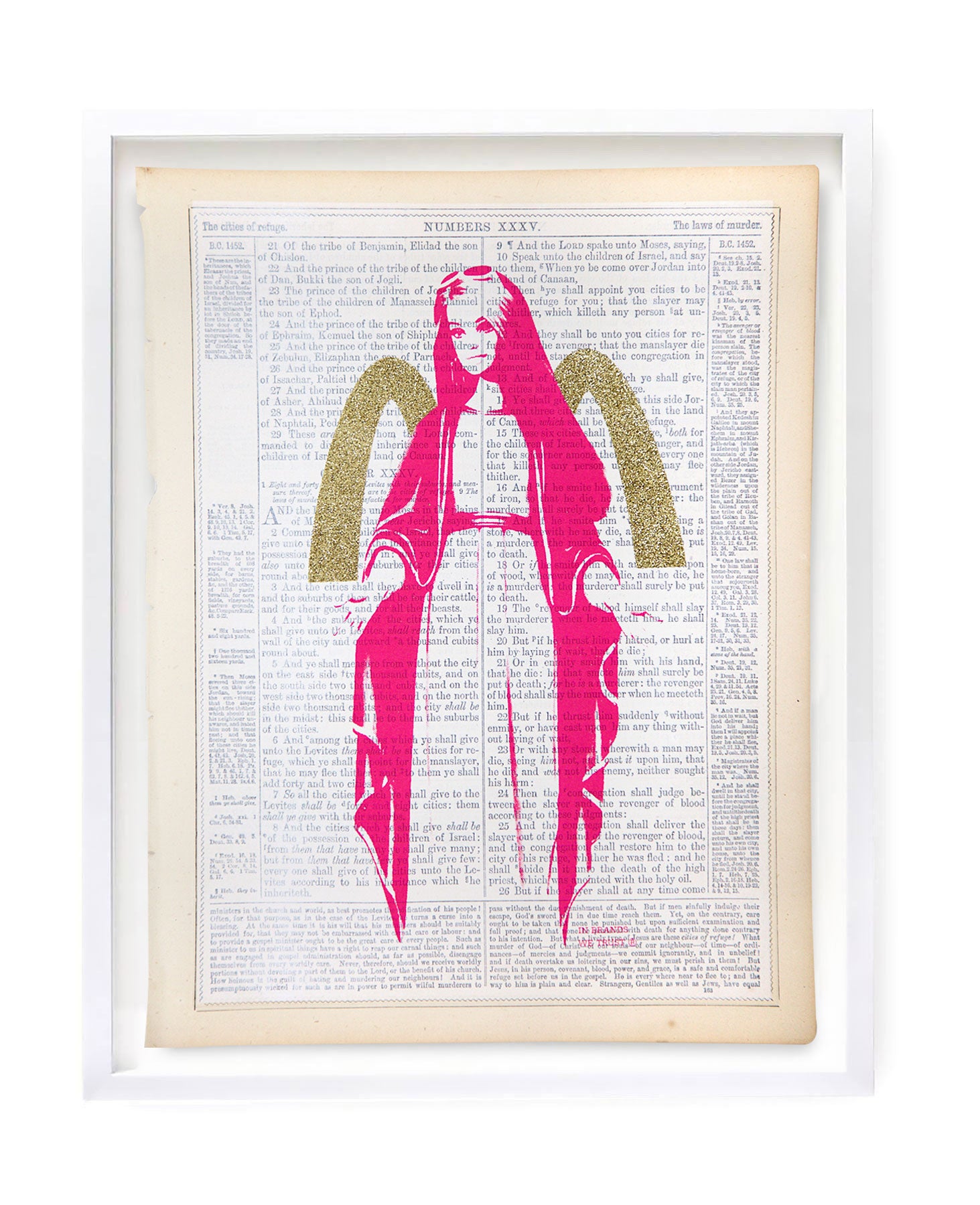 In Brands we Trust, Barbie with golden arch wings silkscreen over torn pages from the Bible by Heath Kane