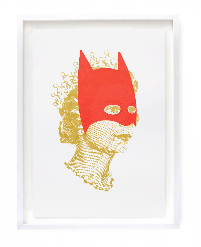 Screen print, depicting a gold Queen Elizabeth II wearing a red Batman mask