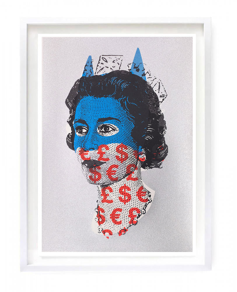 Queen Elizabeth II wearing a blue batman mask with red dollar and pound symbols overlaid on a silver background