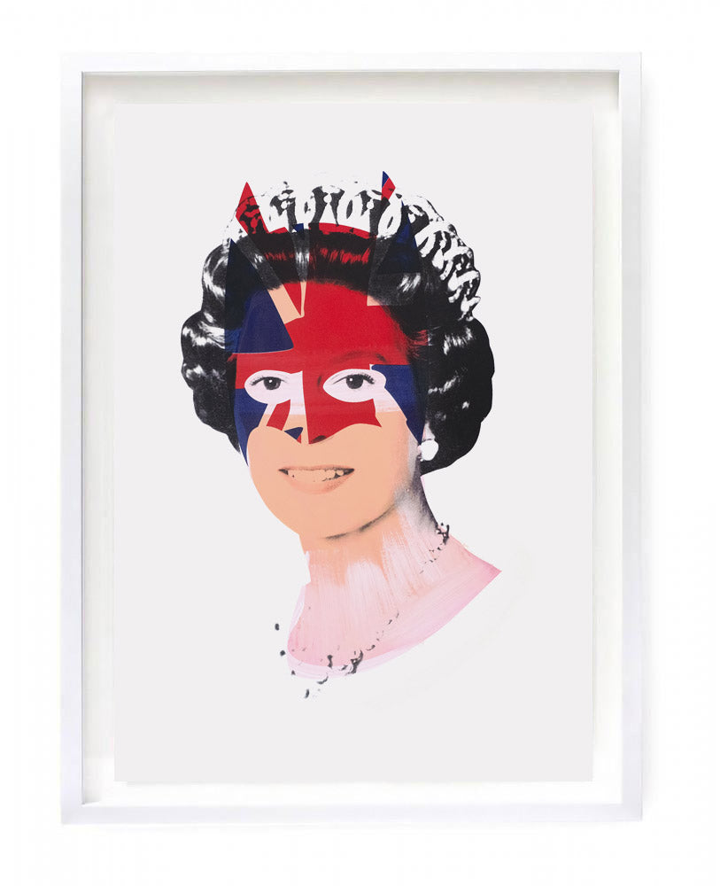 Artwork featuring Queen Elizabeth II with superimposed Batman mask overprinted with hand painted feature and screen printed Union Jack. 
