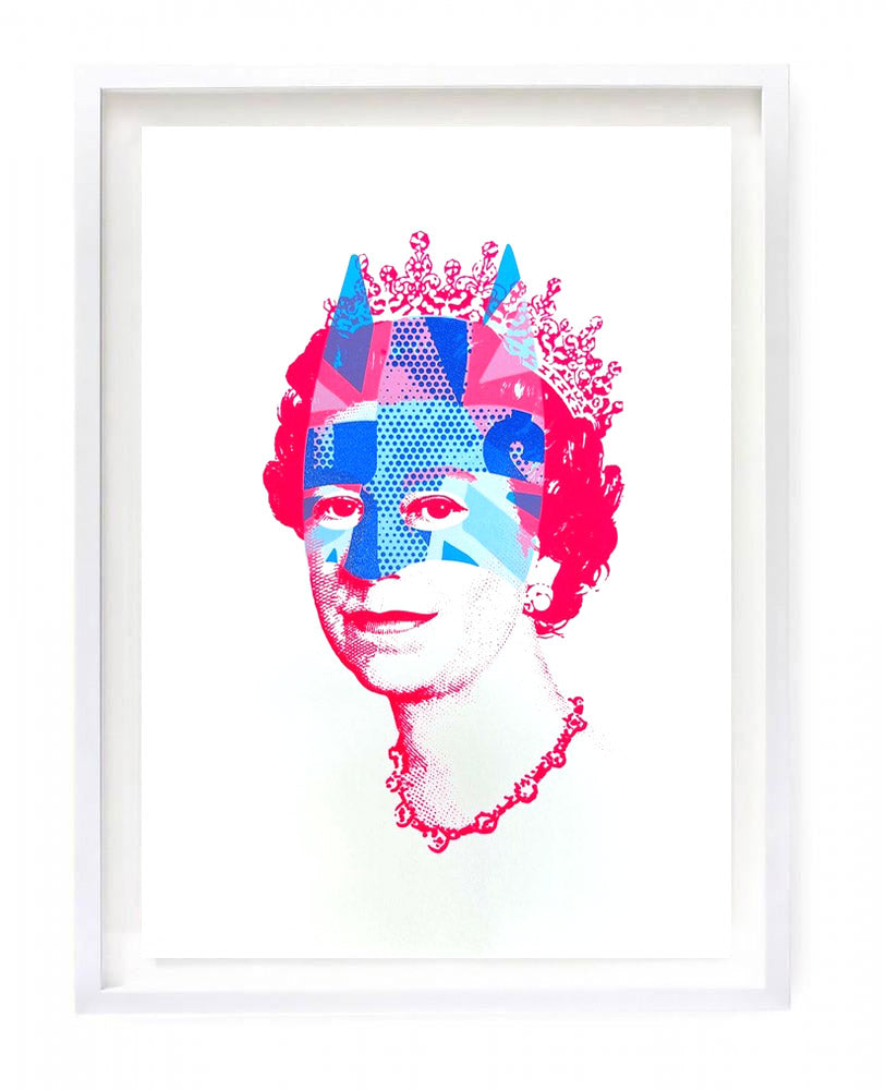 Artwork featuring a red Queen Elizabeth II with superimposed Batman mask and screen printed Union Jack. 