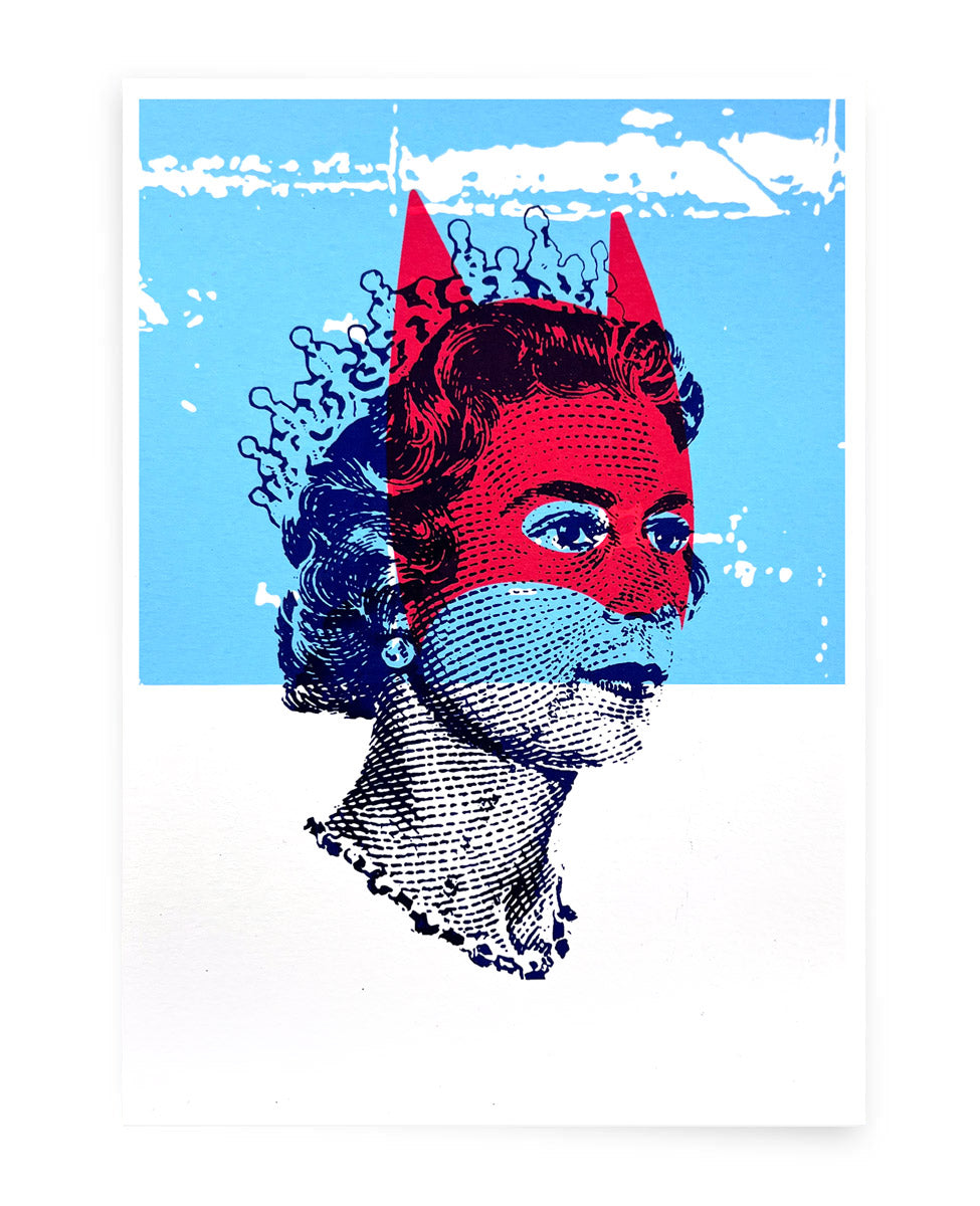 Queen Elizabeth II with superimposed red batman mask and light blue background