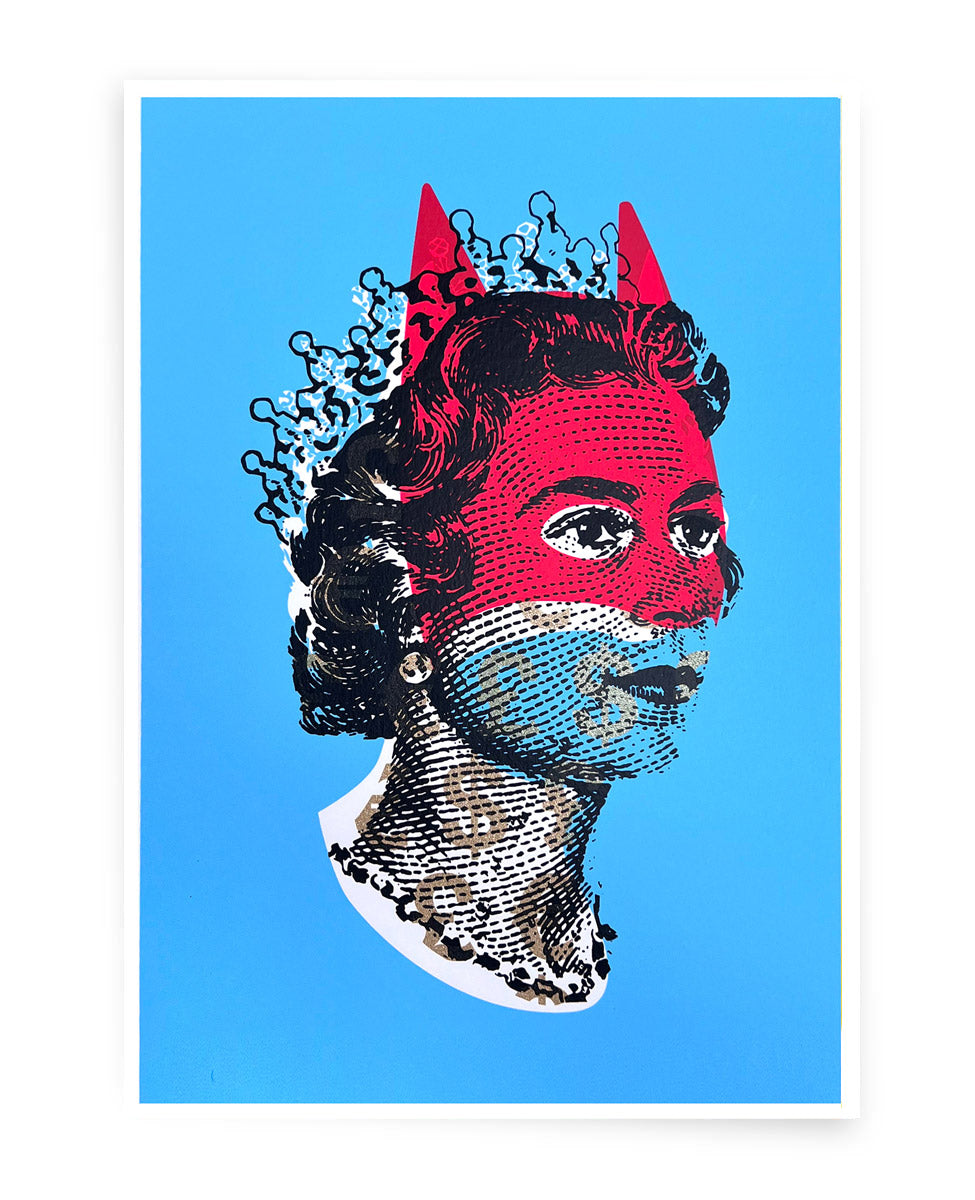 Artwork featuring the side profile of Queen Elizabeth II wearing a red batman mask in pop art style