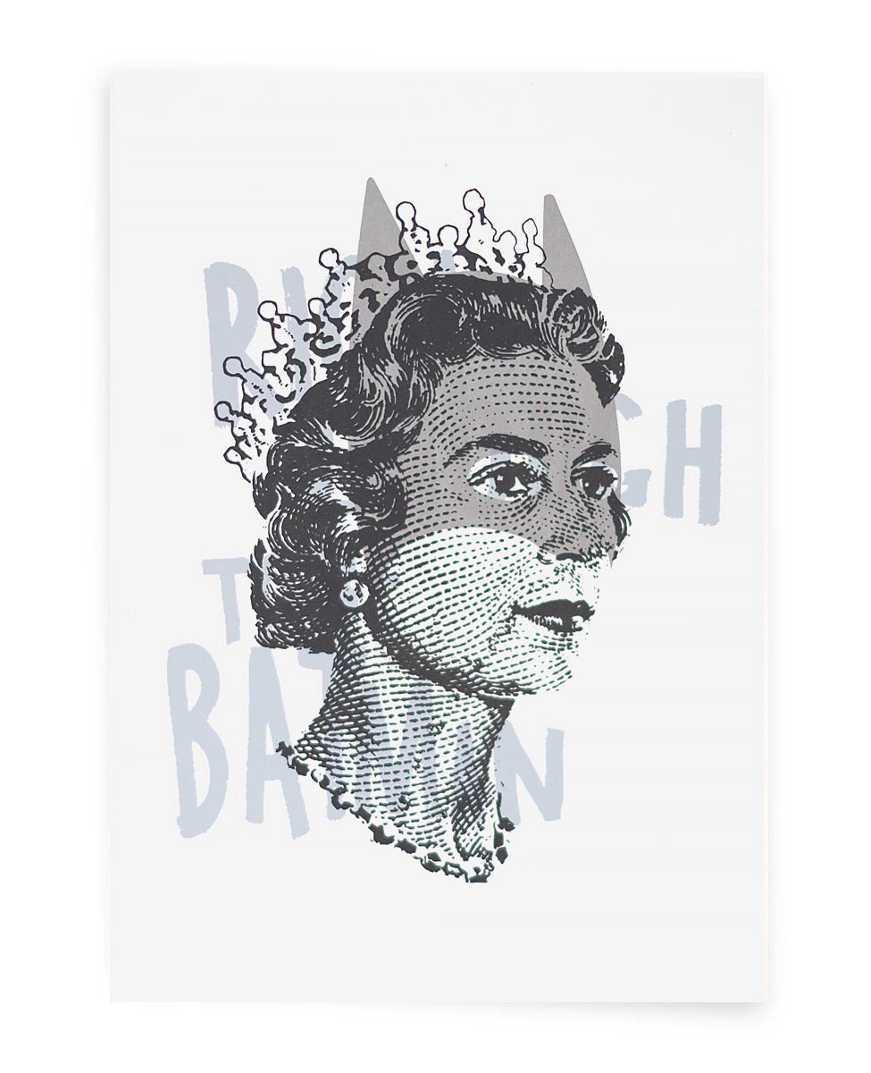Queen Elizabeth II side profile with grey batman mask and the words Rich Enough To Be Batman
