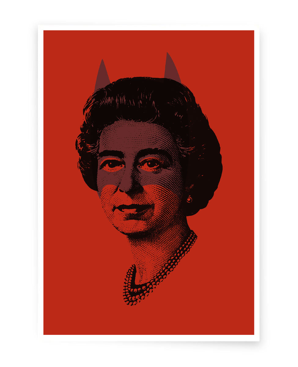 Lithographic print of Queen Elizabeth II head with grey superimposed batman mask on a red background