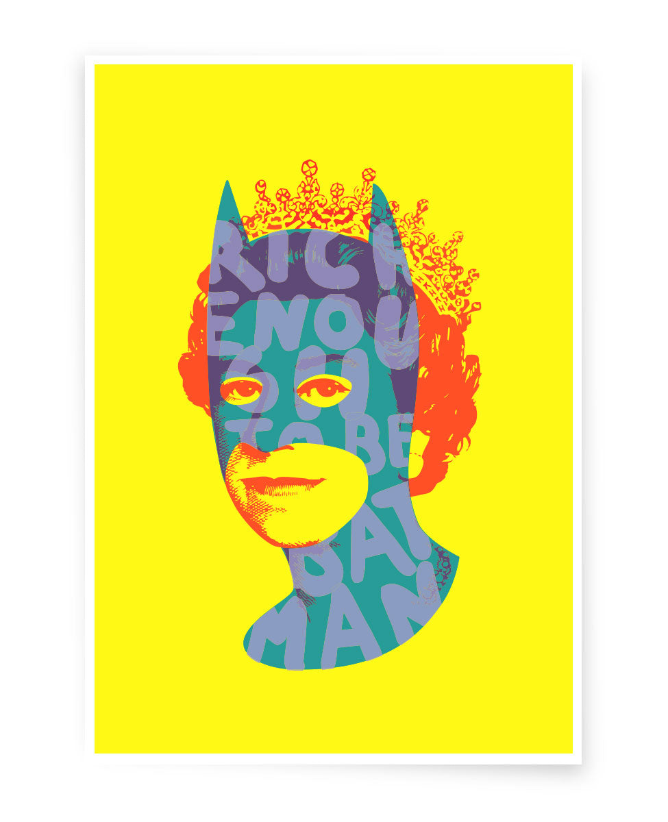 Art print, depicting Queen Elizabeth II wearing a Batman mask on a yellow neon background