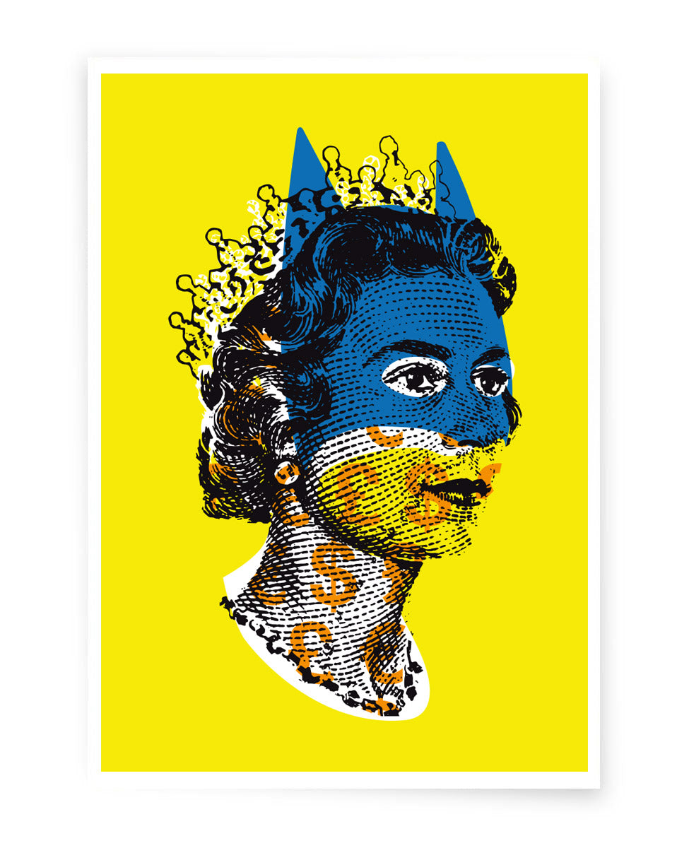 Artwork featuring Queen Elizabeth II wearing a blue batman mask on a yellow background in a pop art style