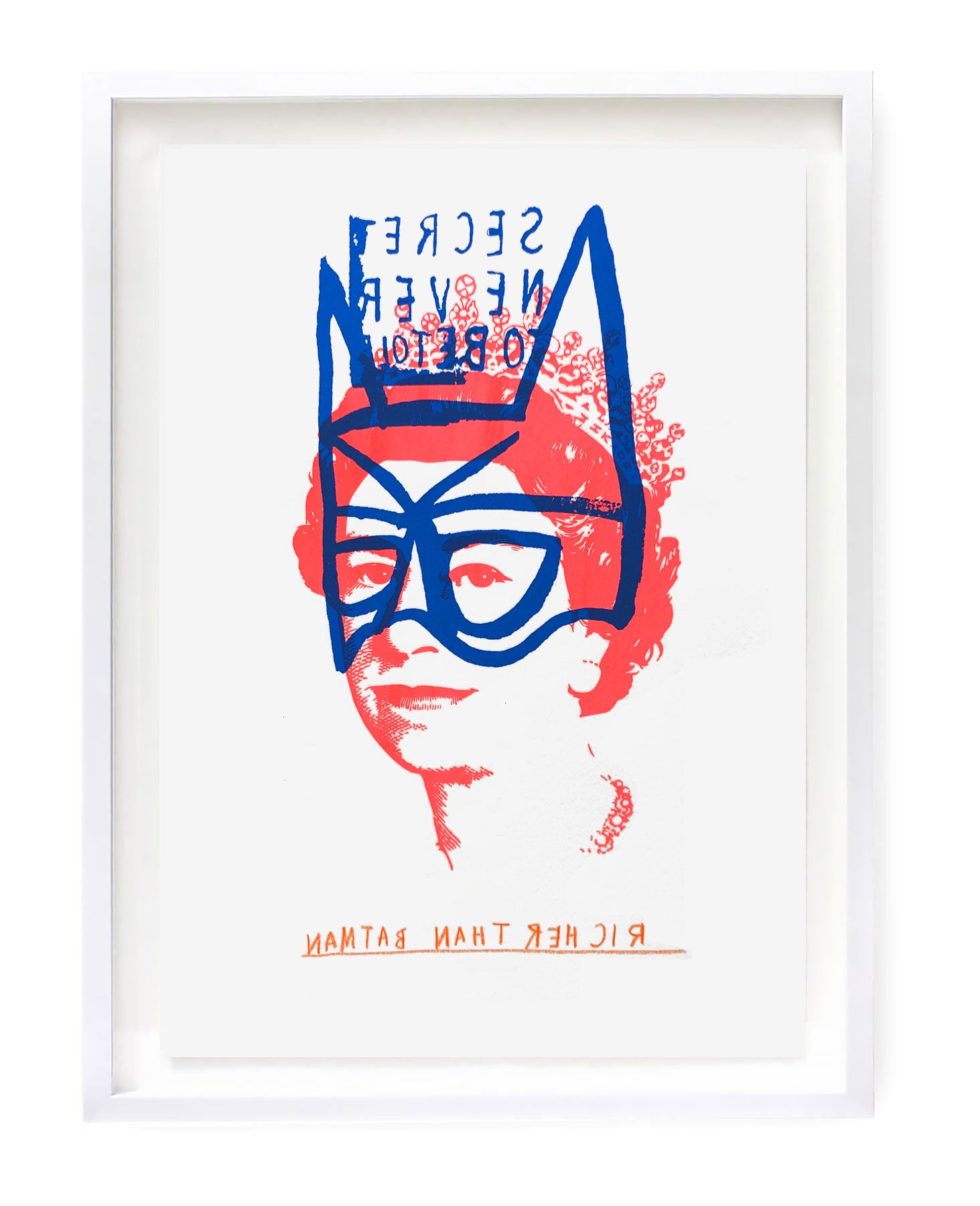 Headshot of Queen Elizabeth II with a hand drawn blue batman mask and the words 'secret never to be told' created by Heath Kane and David Bray