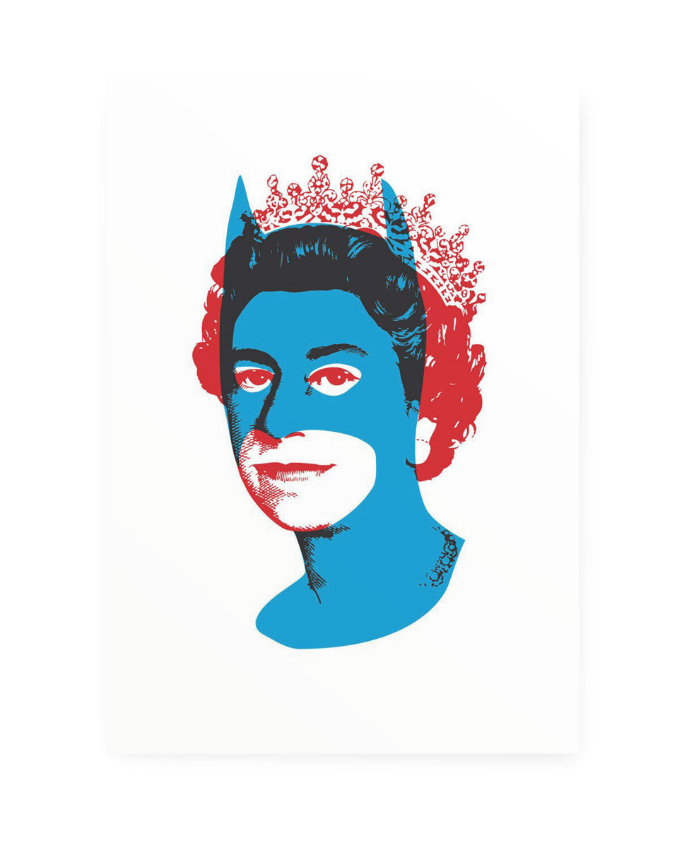Queen Elizabeth face with superimposed blue batman mask
