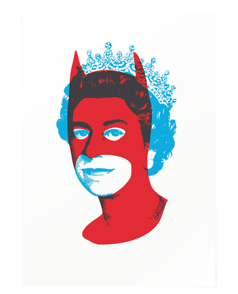 Screenprinted art featuring Queen Elizabeth II wearing a red Batman mask 