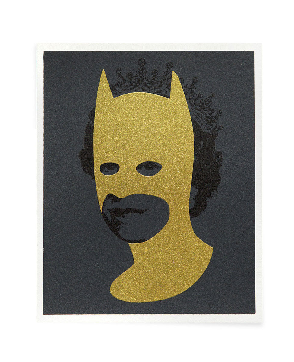 Rich Enough to be Batman Gold and Grey screen printed postcard by Heath Kane