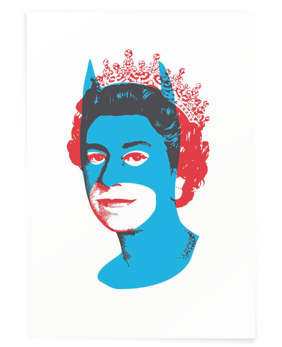 Art Print of Queen Elizabeth II with a blue superimposed batman mask