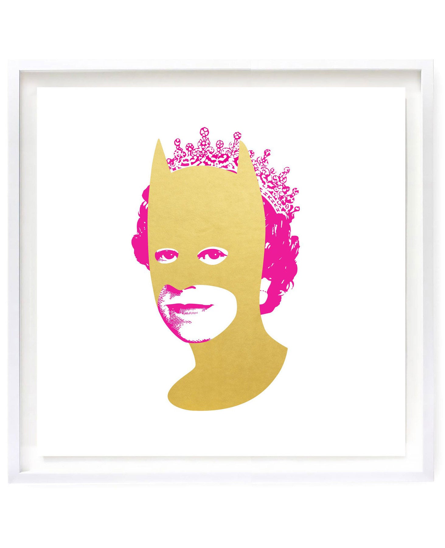 Pink Queen Elizabeth II with superimposed gold batman mask
