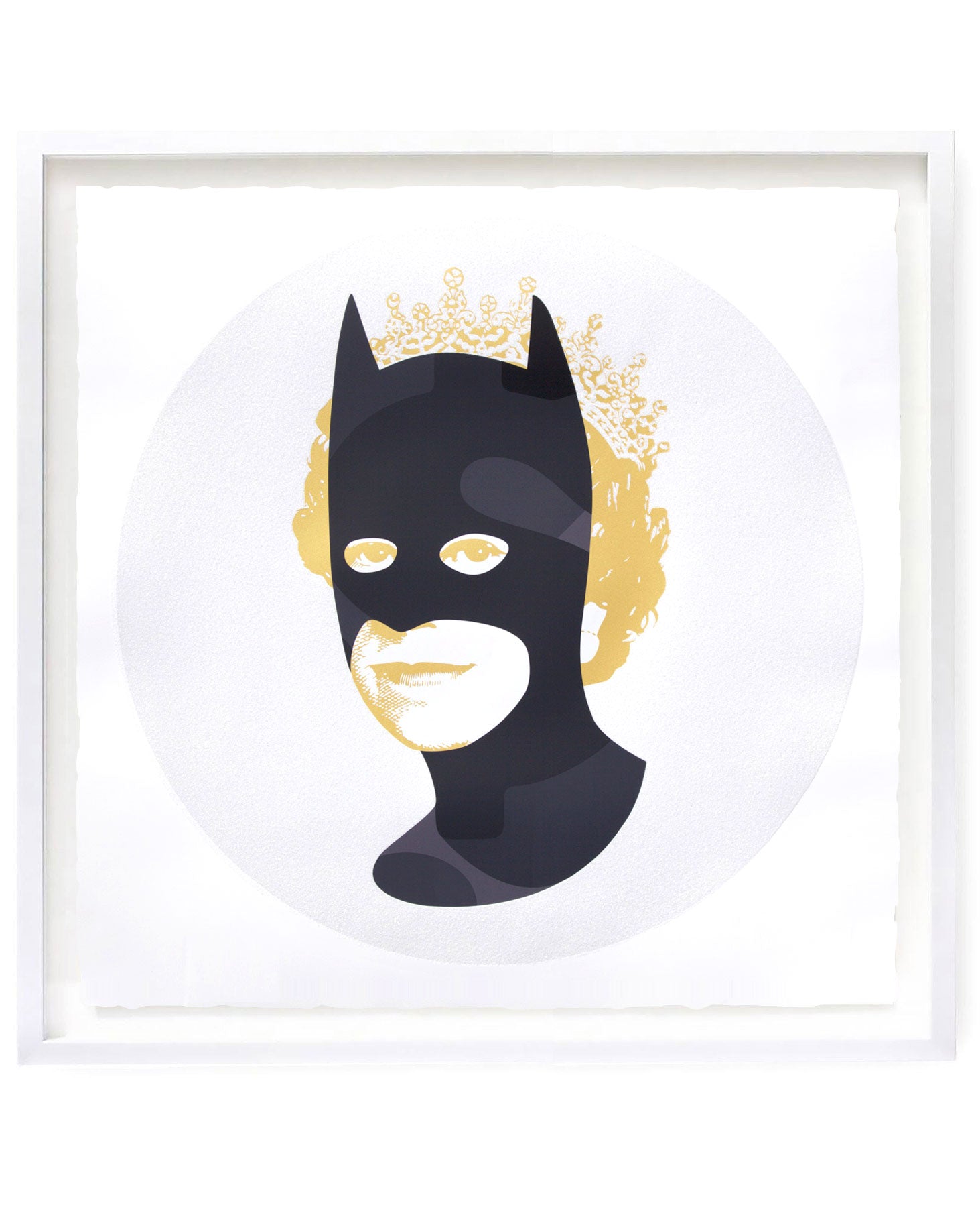 Rich Enough to be Batman by contemporary artist features camo print, gold and diamond dust glitter